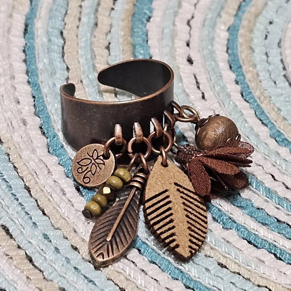 Ring. Bohemian Style Adjustable Antique Bronze Feather Tassel Bead Charms. OSFM. - Picture 3 of 10